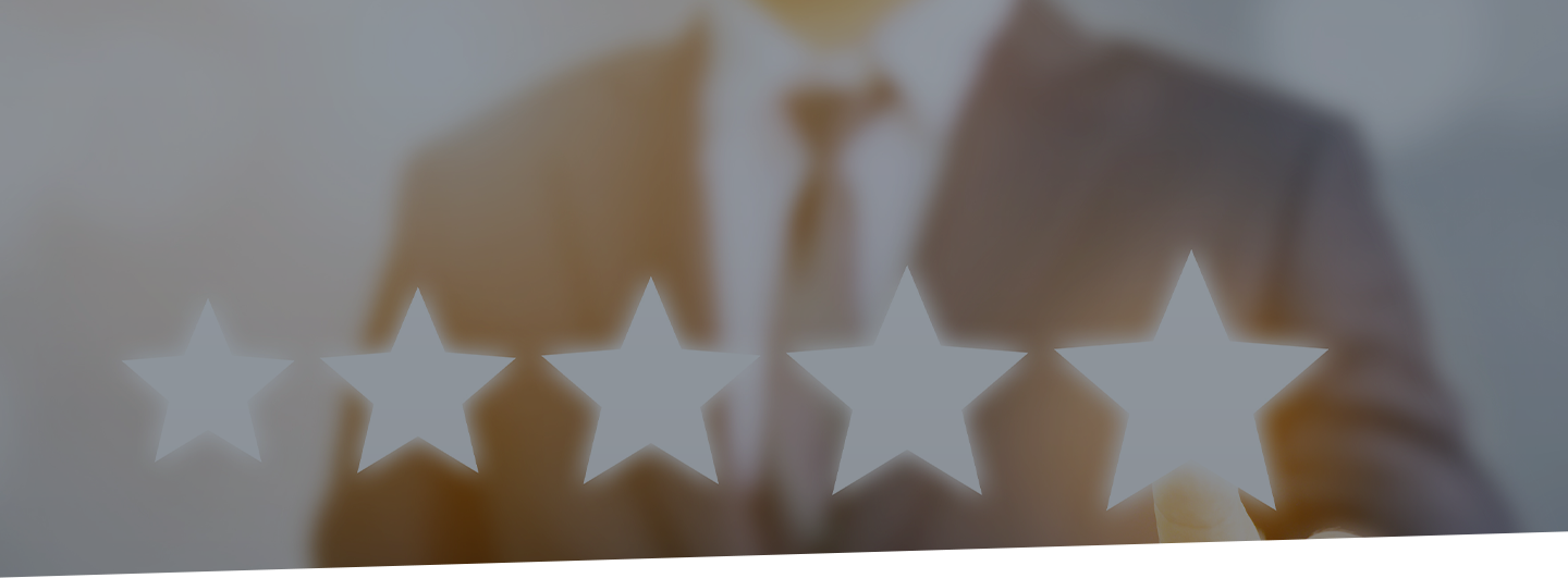 Five-star graphics in front of a blurred image of a businessman. Customer reviews concept.