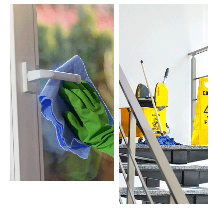 Concept of commercial cleaners in Nashville. Cleaner wearing latex gloves cleans glass windows.