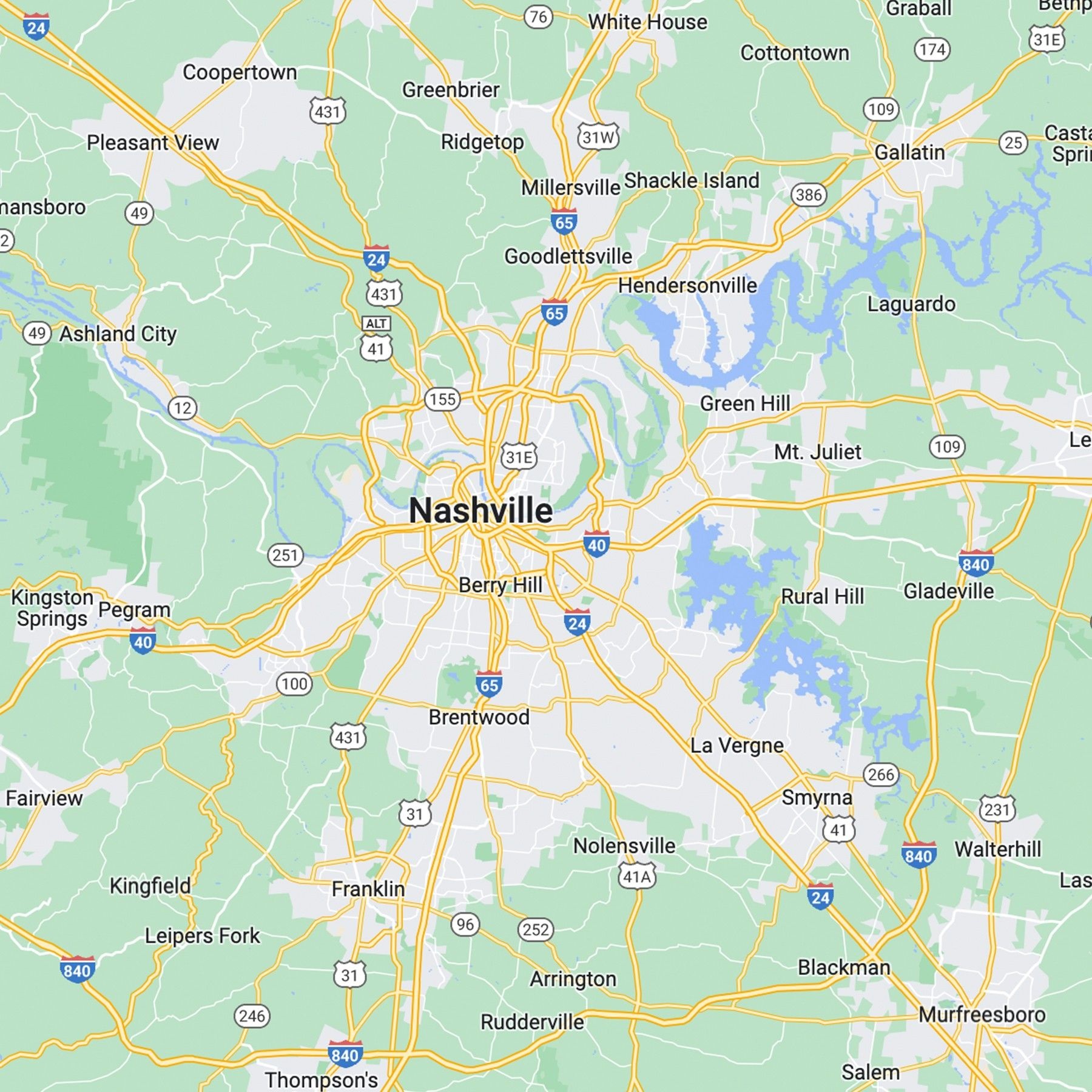 Map showing Nashville and surrounding areas for commercial cleaning.